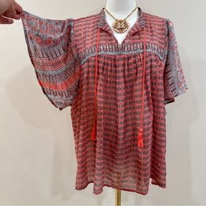 Lucky Brand Red Coral Grey Boho Top Relaxed Peasant Blouse Size M